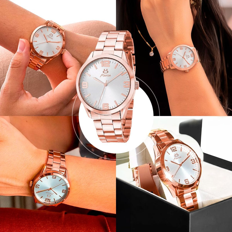 Relogio feminino aço inox + colar strass + brincos + caixa casual moda qualidade premium social