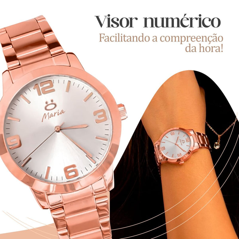 Relogio feminino aço inox + colar strass + brincos + caixa casual moda qualidade premium social