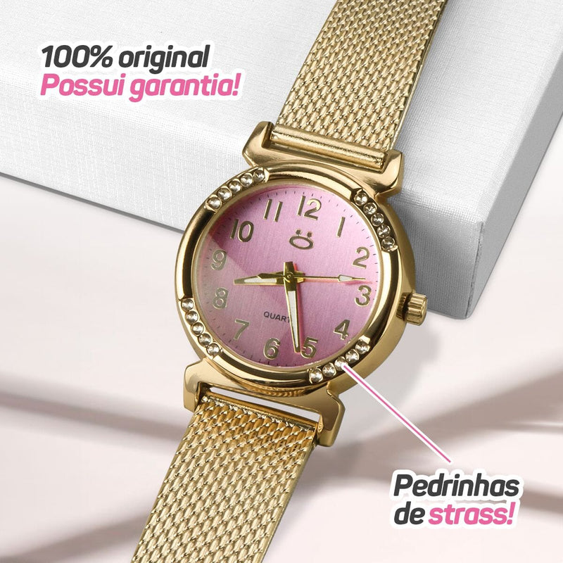 Relogio feminino aço inox dourado banhado silicone + caixa