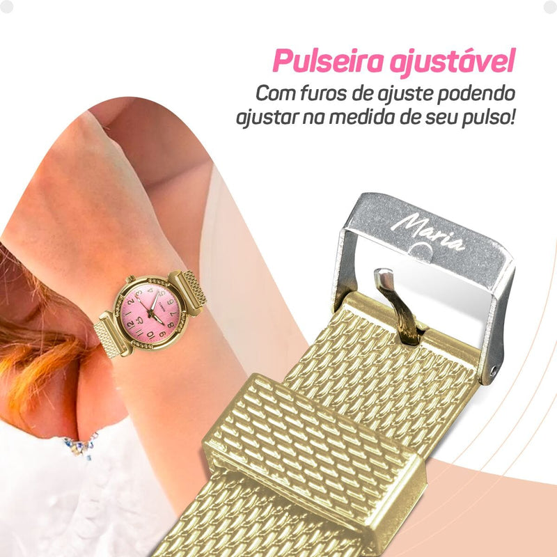 Relogio feminino aço inox dourado banhado silicone + caixa