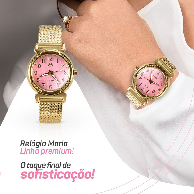 Relogio feminino aço inox dourado banhado silicone + caixa