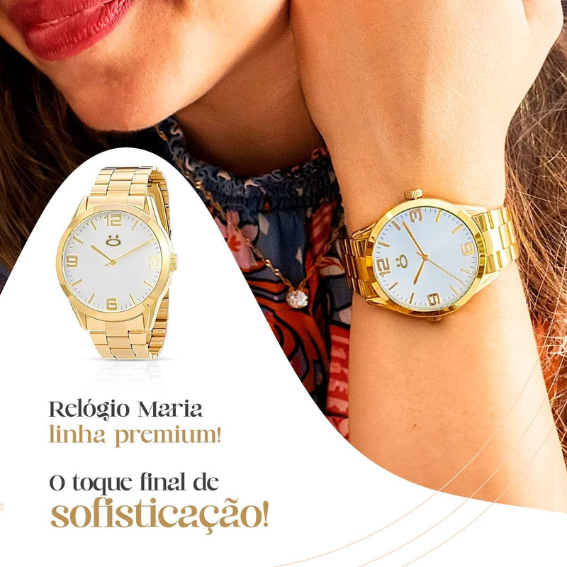 Relogio feminino aço inox dourado + brincos + caixa + colar