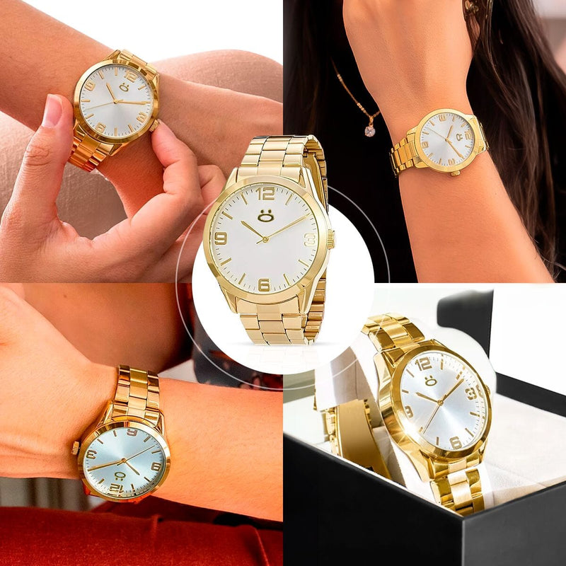 Relogio feminino aço inox dourado + brincos + caixa + colar