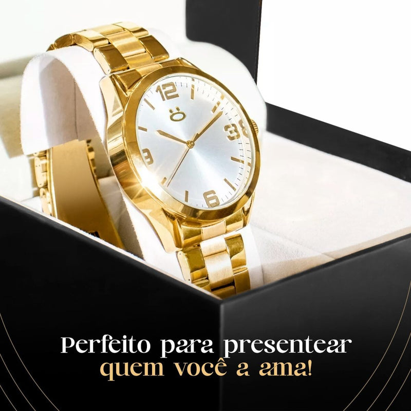 Relogio feminino aço inox dourado + brincos + caixa + colar