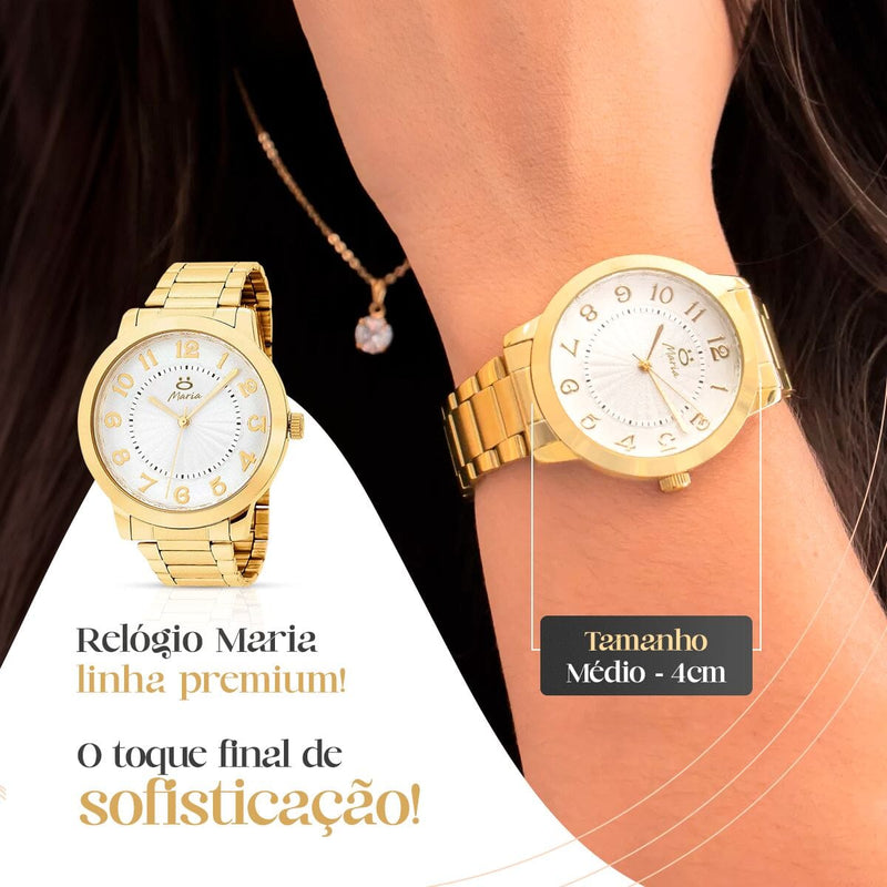 relogio feminino aço inox dourado + colar + brincos + caixa