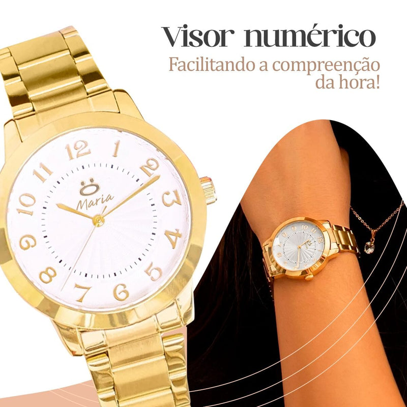 relogio feminino aço inox dourado + colar + brincos + caixa