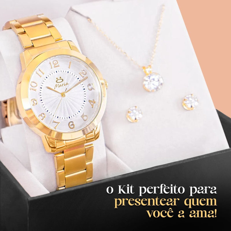 relogio feminino aço inox dourado + colar + brincos + caixa