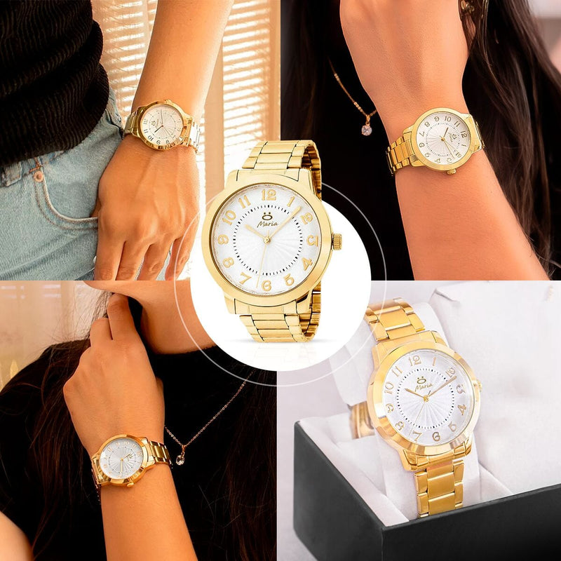 relogio feminino aço inox dourado + colar + brincos + caixa