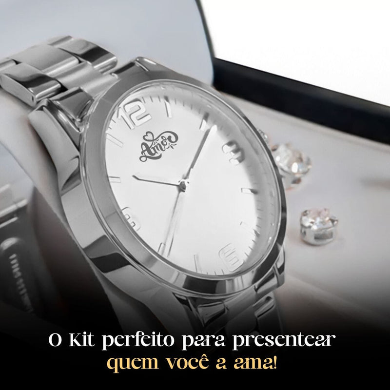 Relogio feminino aço inox prata + colar + pulseira + caixa