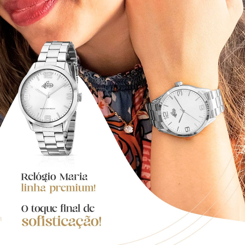 Relogio feminino aço inox prata + colar + pulseira + caixa