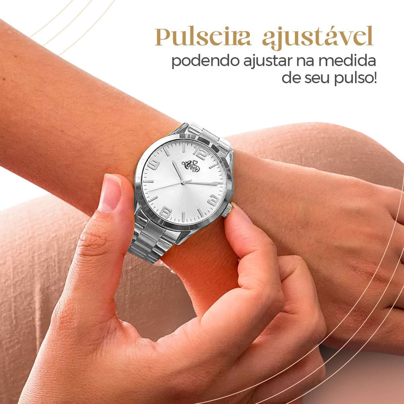 Relogio feminino aço inox prata + colar + pulseira + caixa