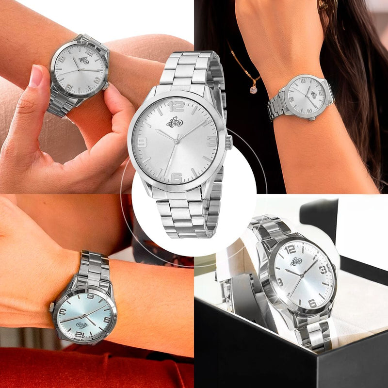 Relogio feminino aço inox prata + colar + pulseira + caixa