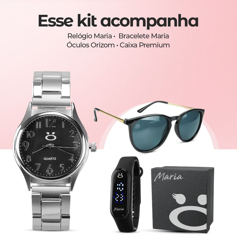 Relogio feminino aço inox prata + oculos proteção uv + caixa