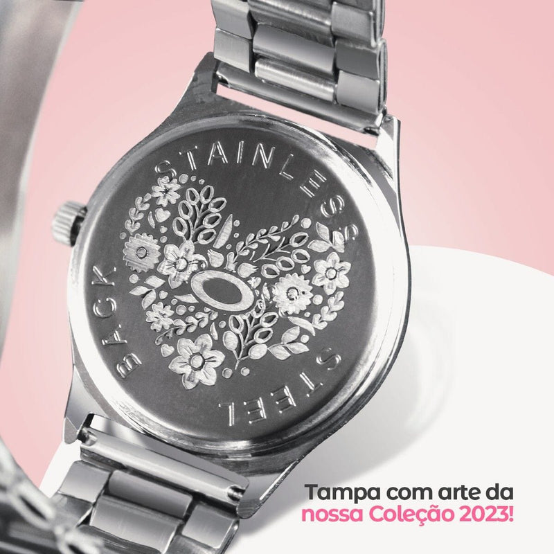 Relogio feminino aço inox prata premium + caixa + pulseira