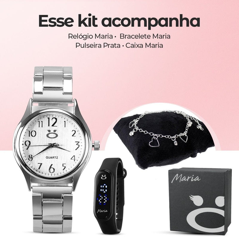 Relogio feminino aço inox prata premium + caixa + pulseira