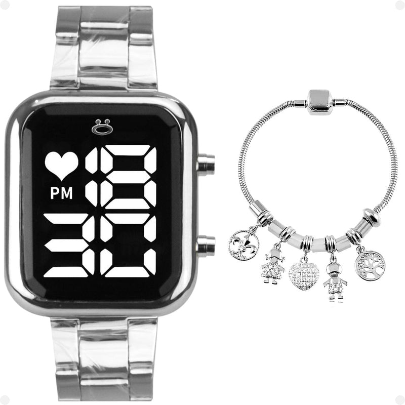 Relogio feminino aço inox prata + pulseira pandora original