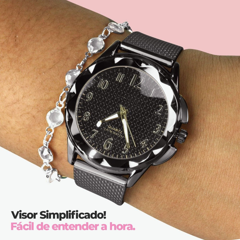 Relogio feminino aço inox prova dagua + colar + pulseira