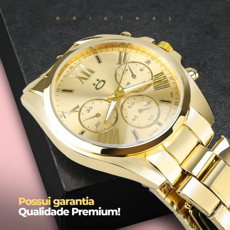 Relogio feminino aço inoxidavel banhado dourado + caixa