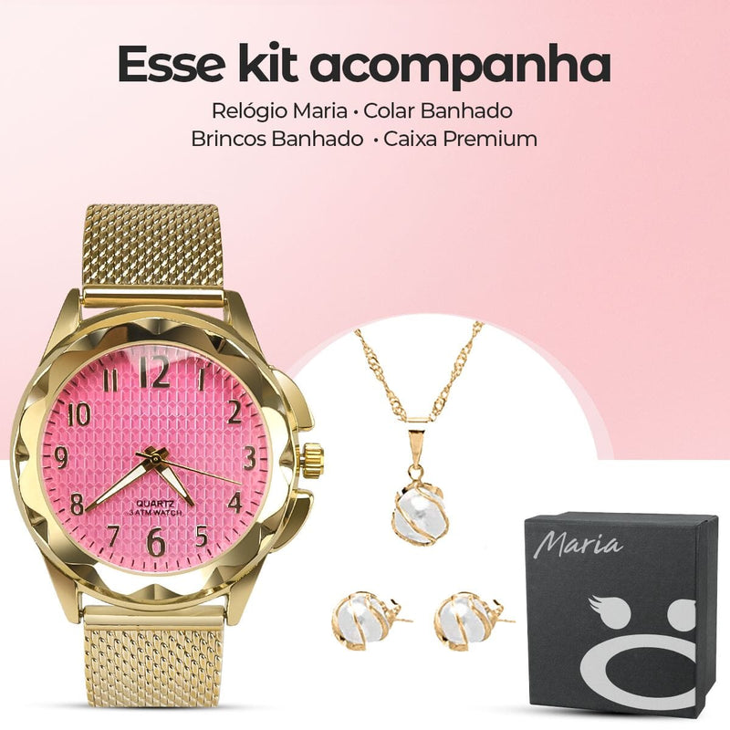 Relogio feminino aço prova dagua banhado + colar + pulseira