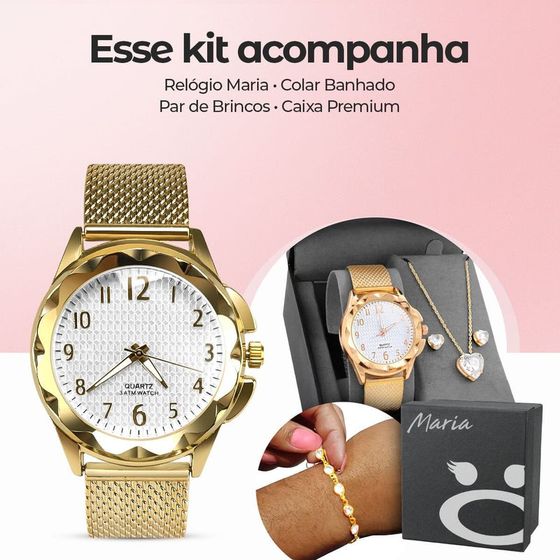 Relogio feminino aço prova dagua dourado + colar + pulseira