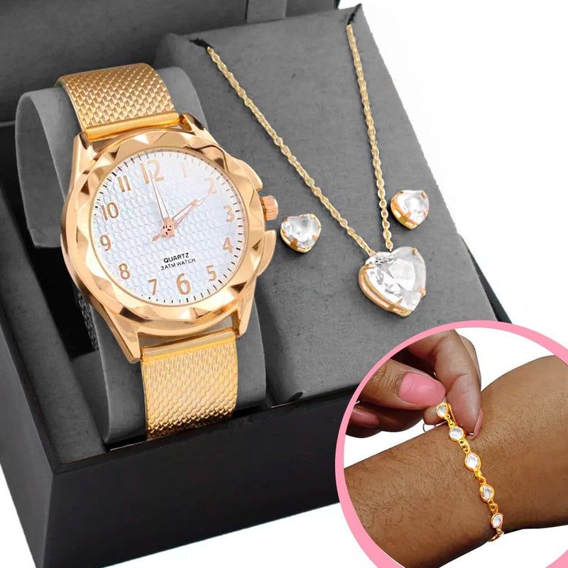 Relogio feminino aço prova dagua dourado + colar + pulseira