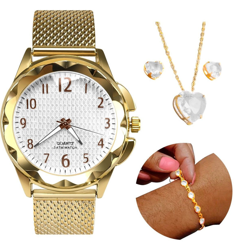 Relogio feminino aço prova dagua dourado + colar + pulseira