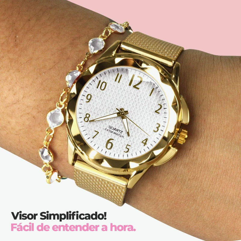 Relogio feminino aço prova dagua dourado + colar + pulseira