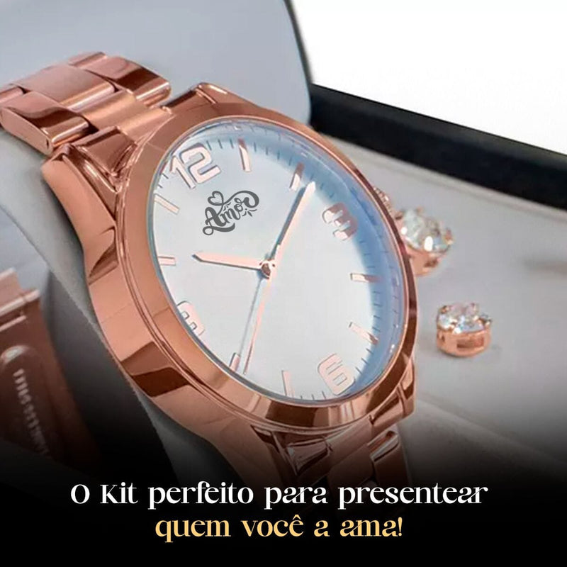 Relogio feminino aço rose + caixa + pulseira + colar