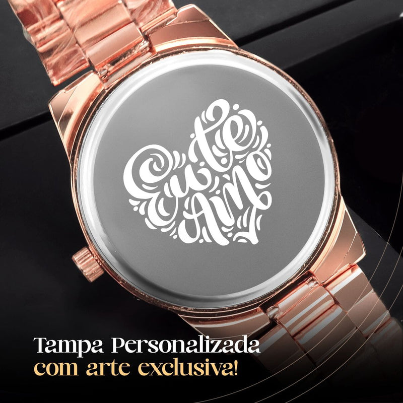 Relogio feminino aço rose + caixa + pulseira + colar