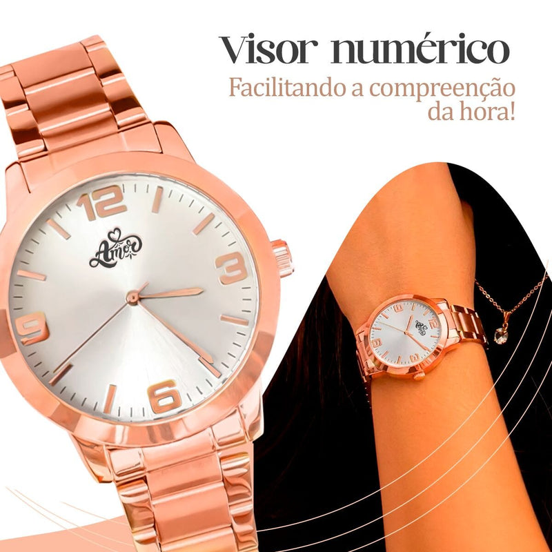 Relogio feminino aço rose + caixa + pulseira + colar