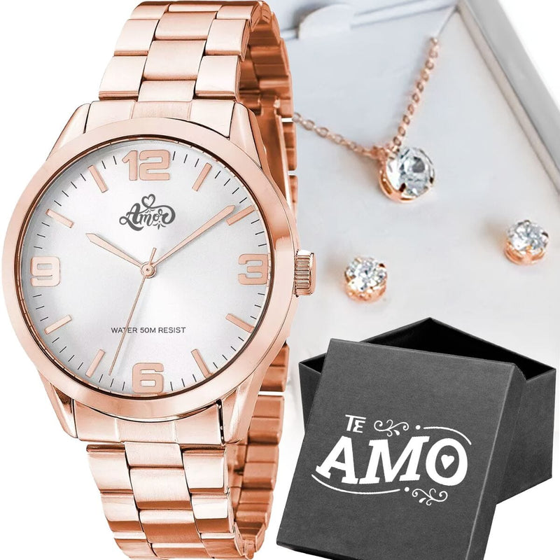 Relogio feminino aço rose + caixa + pulseira + colar