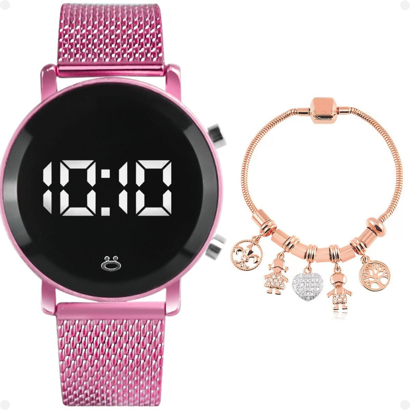 relogio feminino aço silicone rosa digital led + pulseira