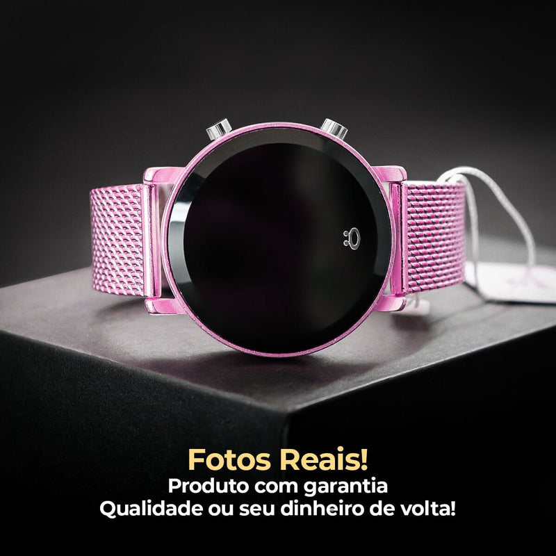 relogio feminino aço silicone rosa digital led + pulseira