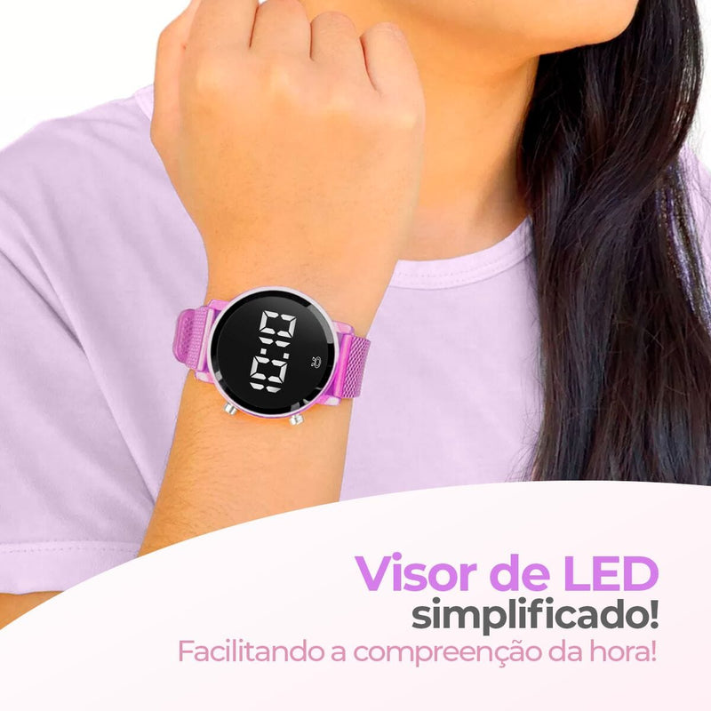 relogio feminino aço silicone rosa digital led + pulseira