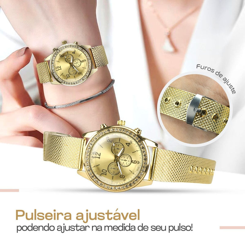 relogio feminino aço strass + pandora + colar + brincos