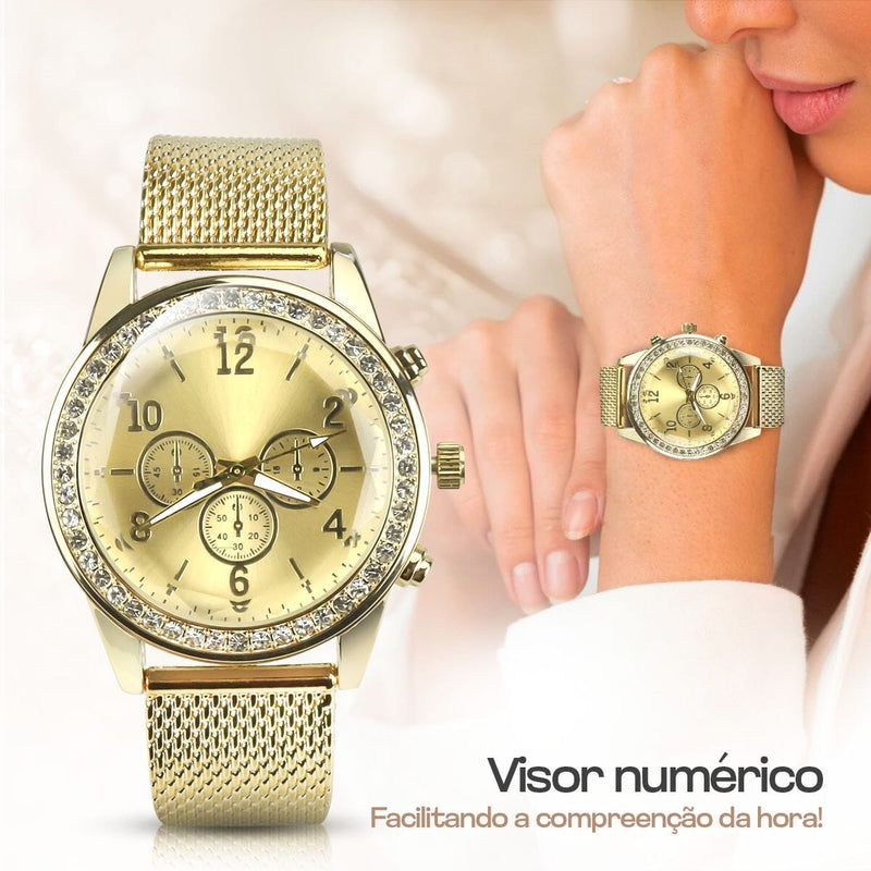 relogio feminino aço strass + pandora + colar + brincos