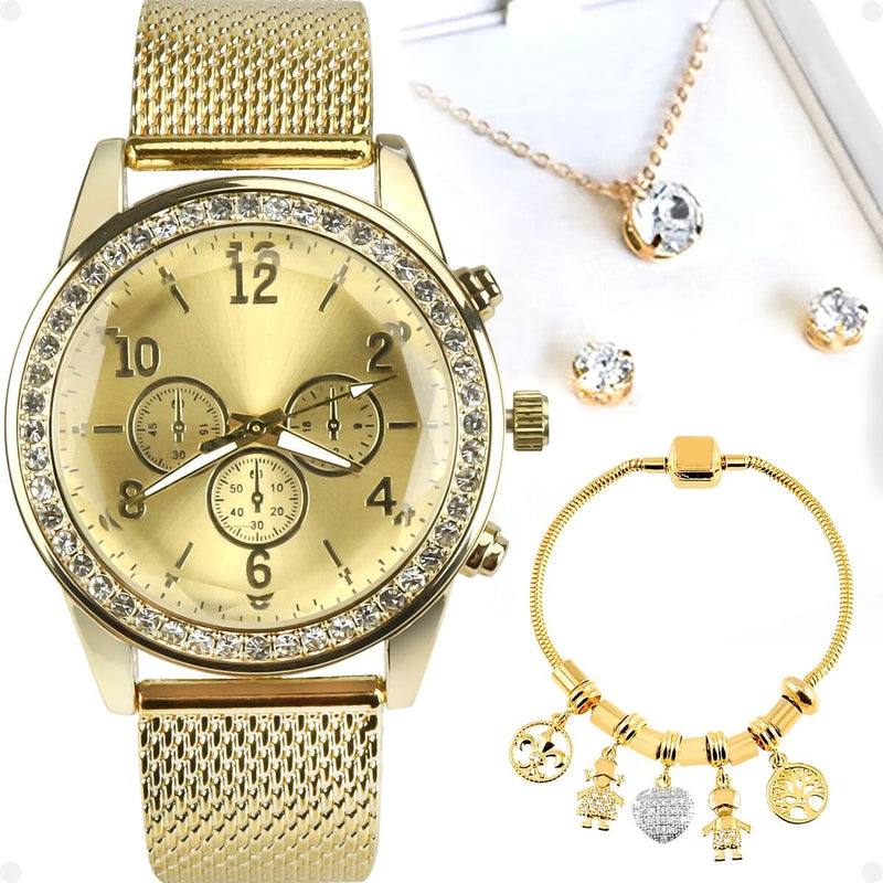 relogio feminino aço strass + pandora + colar + brincos