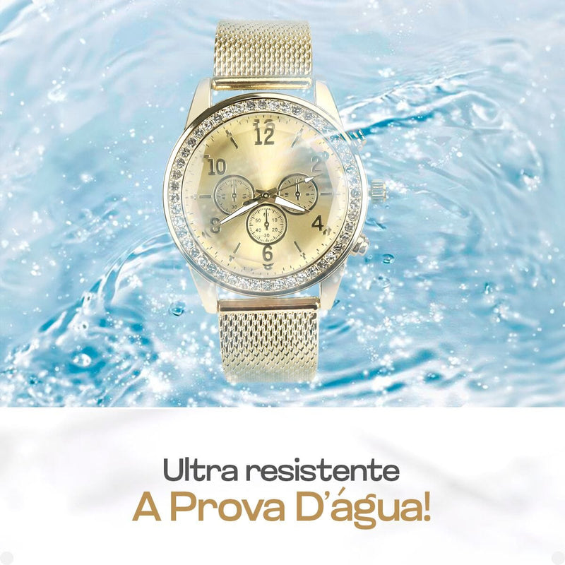 relogio feminino aço strass + pandora + colar + brincos