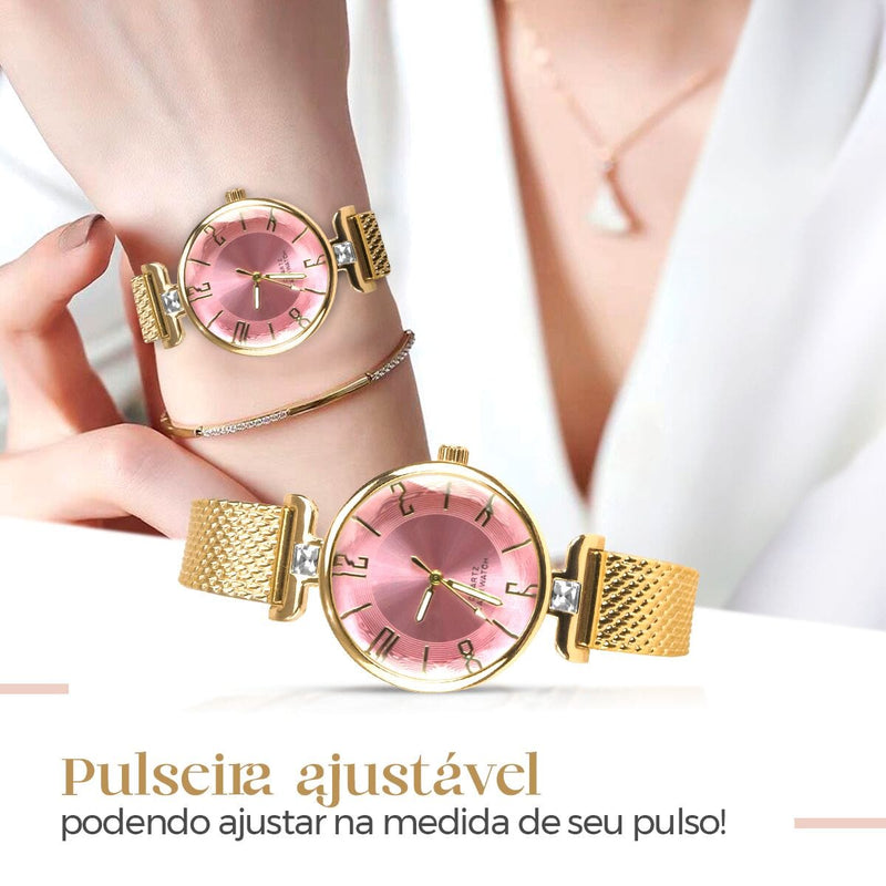 Relogio feminino banhado aço + colar + pulseira + porta joia