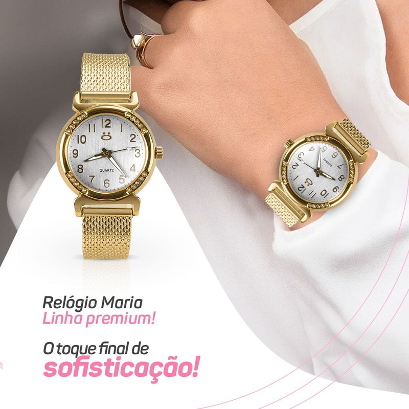 relogio feminino banhado aço inox dourado silicone + caixa