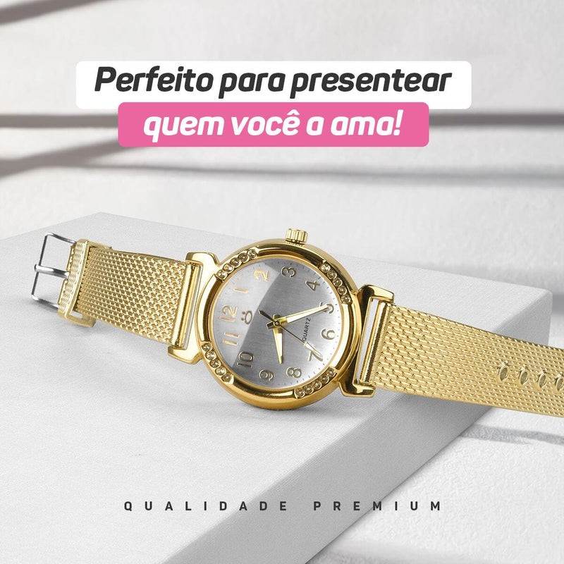 relogio feminino banhado aço inox dourado silicone + caixa