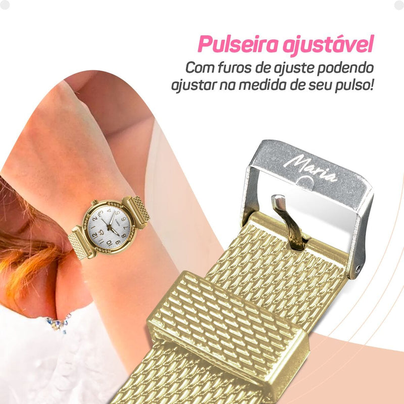 relogio feminino banhado aço inox dourado silicone + caixa