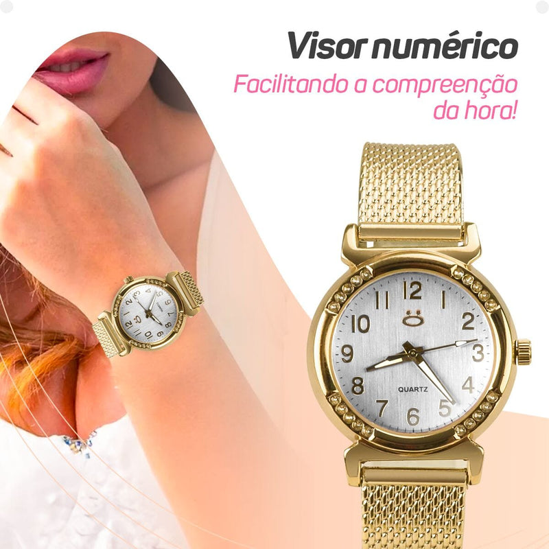 relogio feminino banhado aço inox dourado silicone + caixa