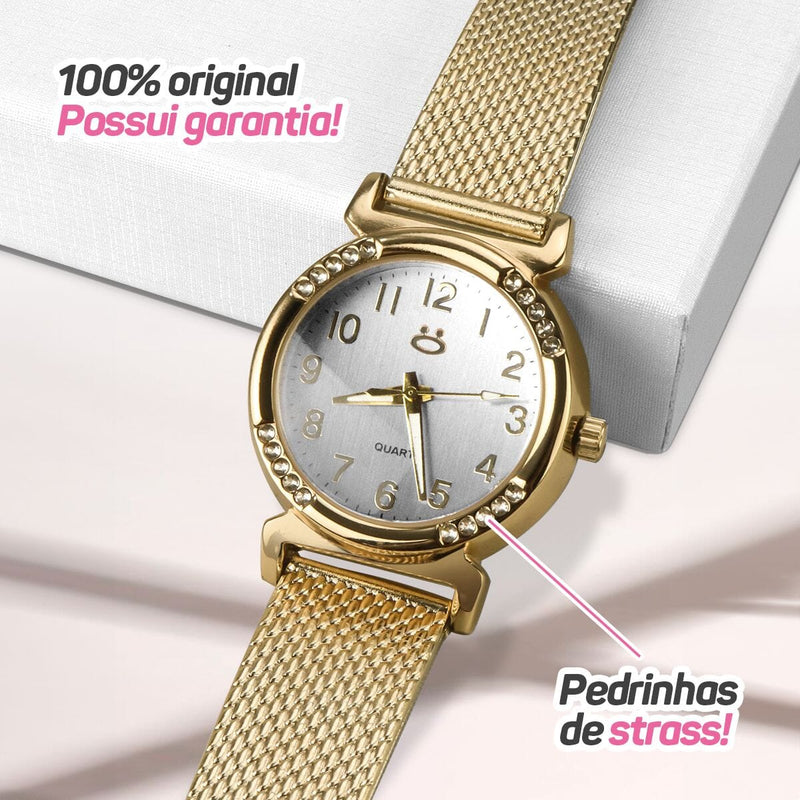 relogio feminino banhado aço inox dourado silicone + caixa