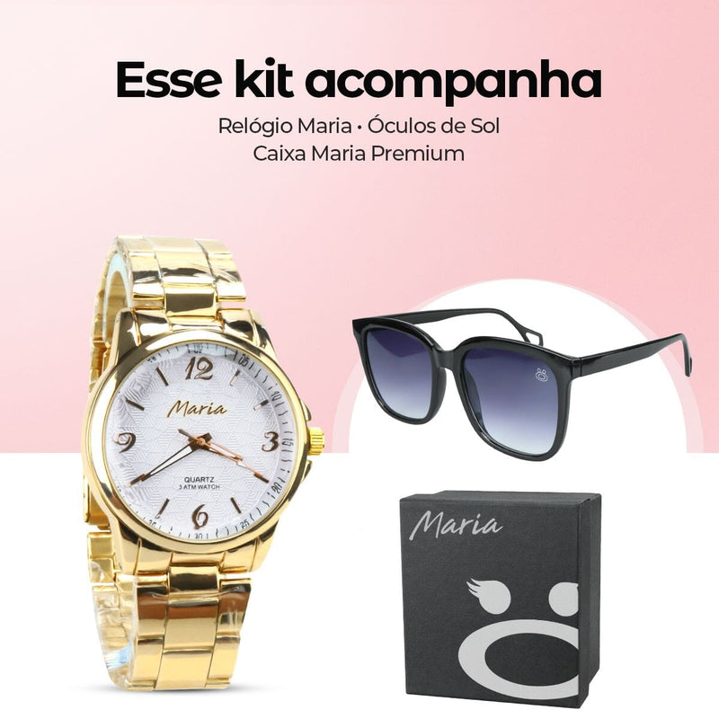 Relogio feminino banhado aço + oculos protecao uv analogico