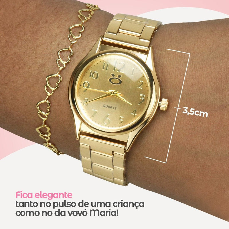 Relogio feminino banhado aço + pulseira + colar + anel