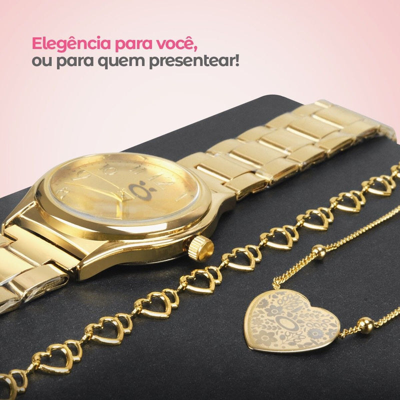 Relogio feminino banhado aço + pulseira + colar + anel