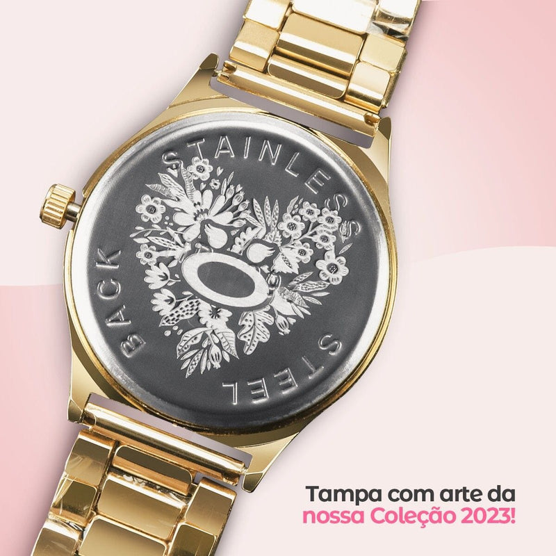 Relogio feminino banhado aço + pulseira + colar + anel