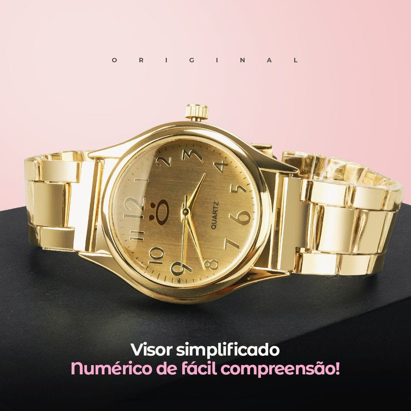 Relogio feminino banhado aço + pulseira + colar + anel