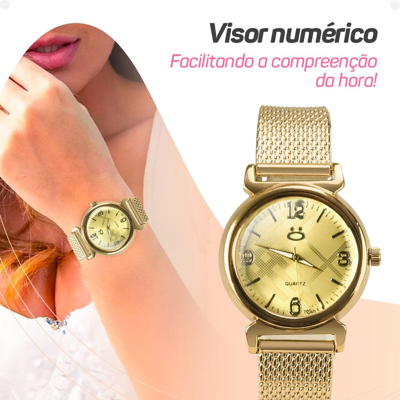 Relogio feminino banhado + colar strass + pulseira + caixa